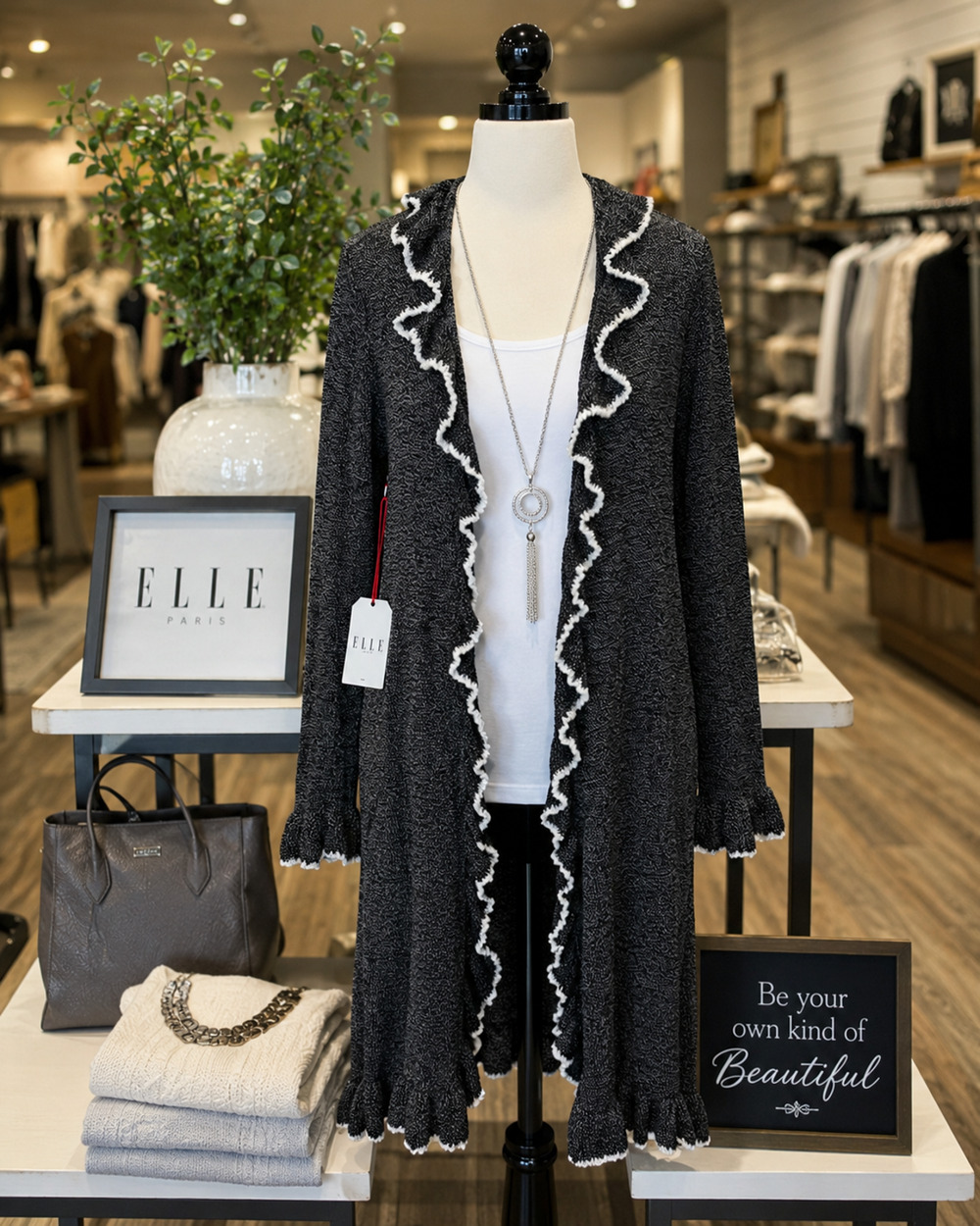 ELLE Charcoal Long Cardigan Sweater size LARGE Open Front Ruffle Trim NWT $68